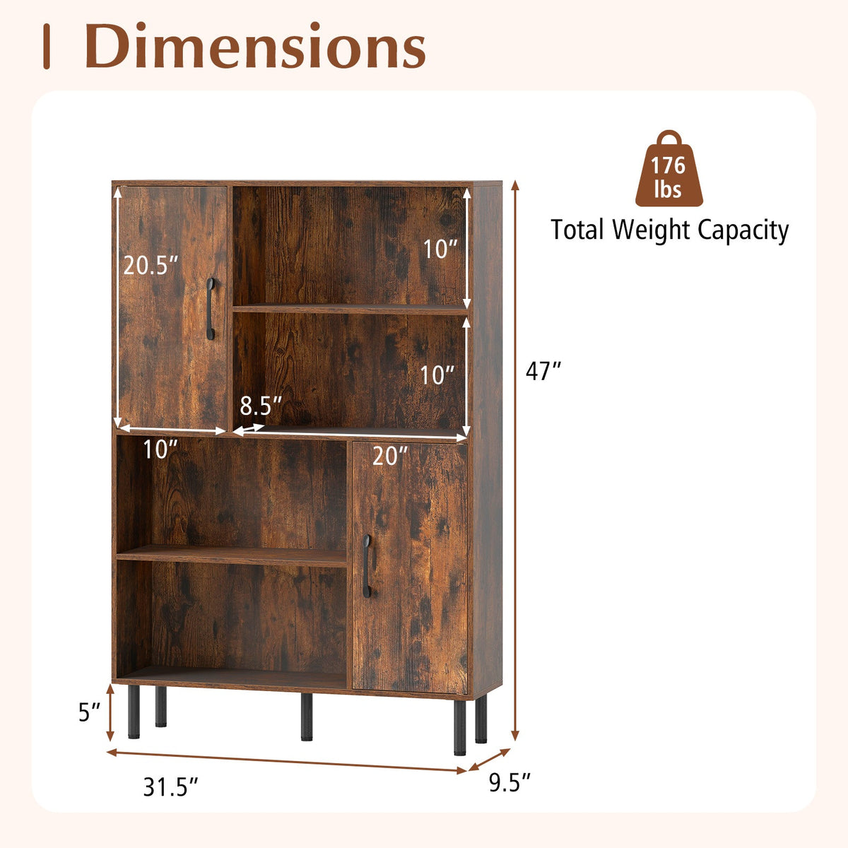 47 Inch Storage Cabinet Freestanding Bookcase with 2 Doors and 4 Open Shelves