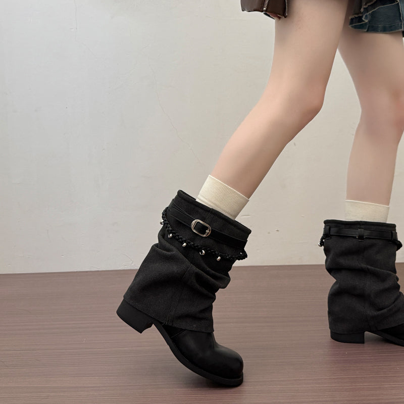 Vintage Style Block Heel Pleated Pants Tube Boots Womens 2026 Autumn New Arrival Trendy Fashion Boots Martin Boots Slouchy Ankle Boots