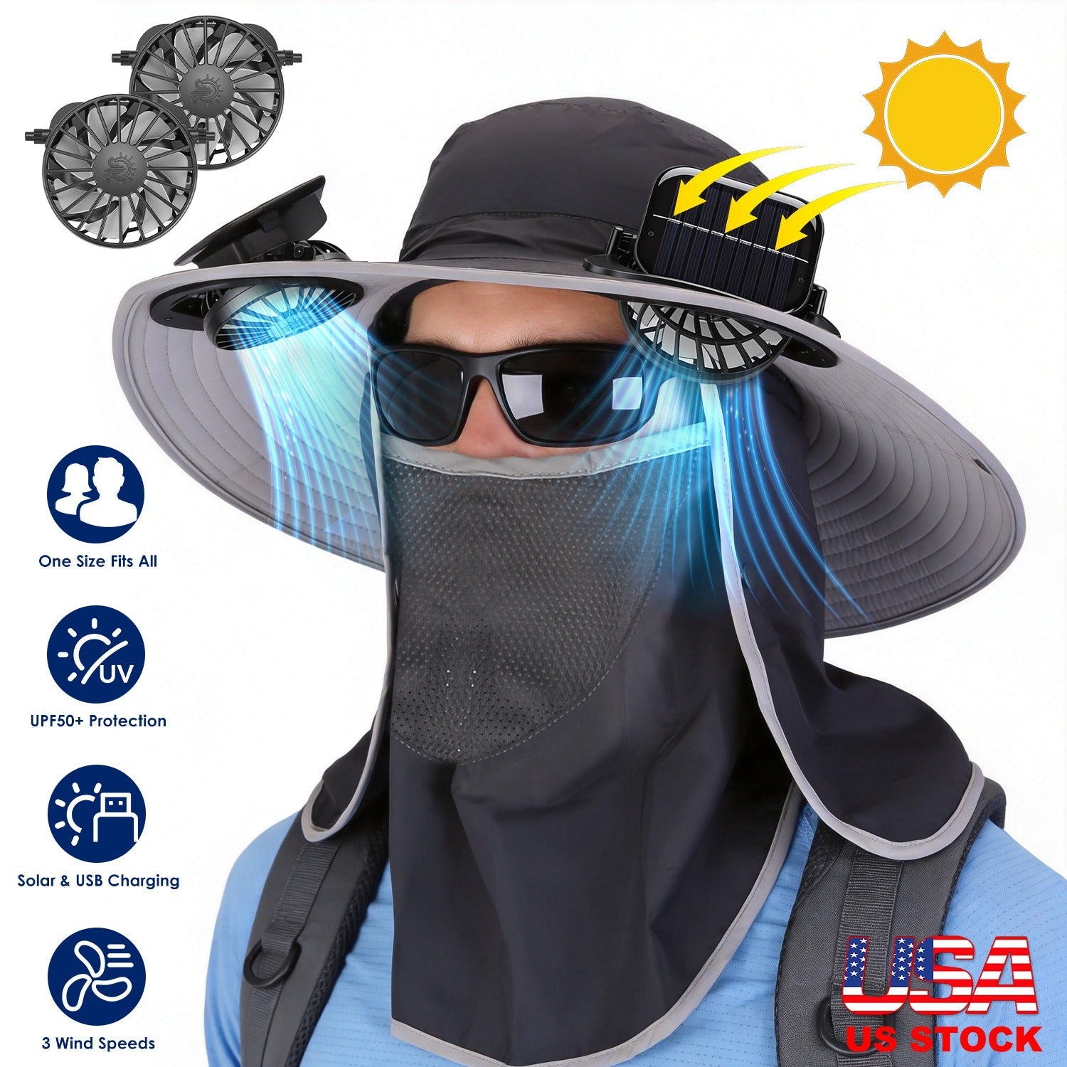 Solar Fan Hat with UPF50+ Sun Protection & Neck Flap