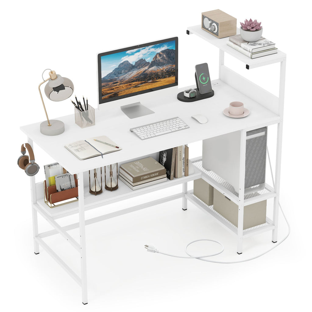 48 Inch Computer Desk with Power Outlets and Storage Shelves
