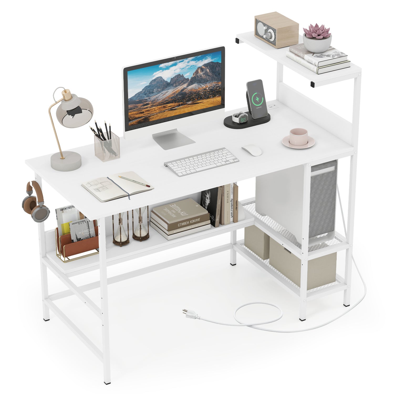 48 Inch Computer Desk with Power Outlets and Storage Shelves