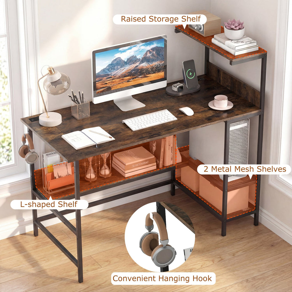 48 Inch Computer Desk with Power Outlets and Storage Shelves