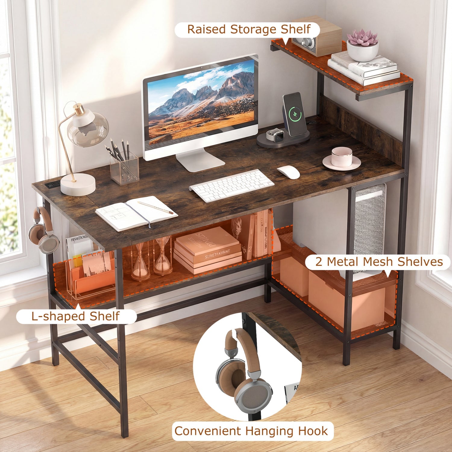 48 Inch Computer Desk with Power Outlets and Storage Shelves