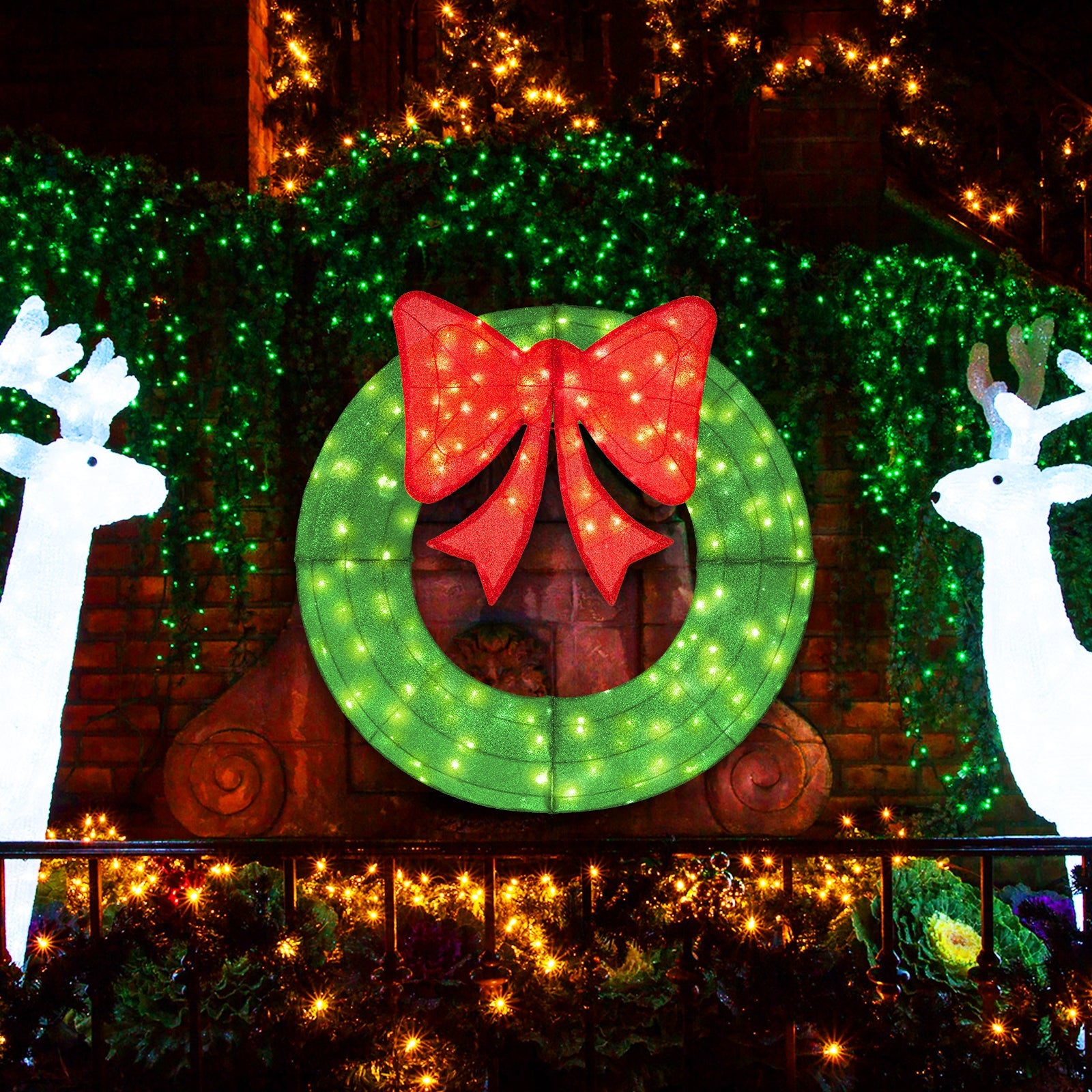 48 Inch Pre-Lit Lighted Christmas Mesh Wreath with Bow and 200 LED Bulbs