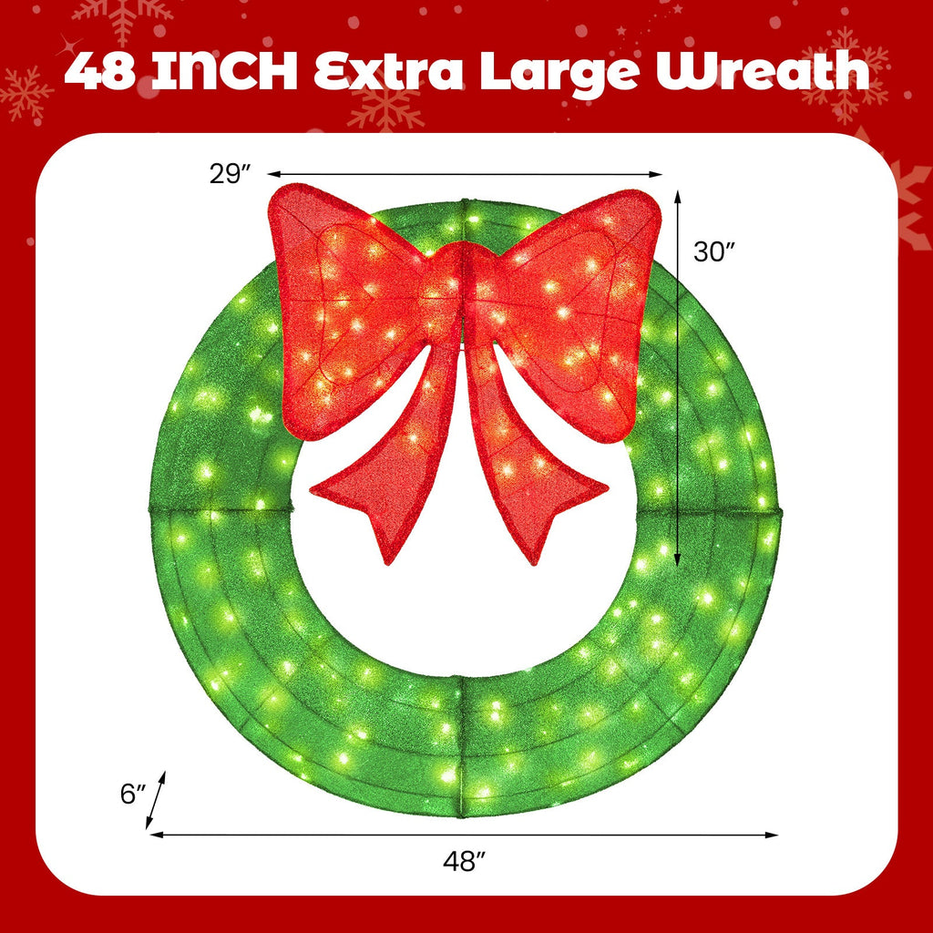 48 Inch Pre-Lit Lighted Christmas Mesh Wreath with Bow and 200 LED Bulbs