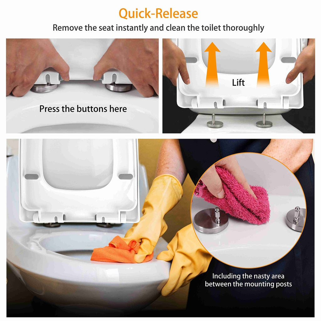 Square Toilet Seat with Grip-Tight Seat Bumpers Heavy-Duty Quiet-Close Quick-Release Easy Cleaning White UK
