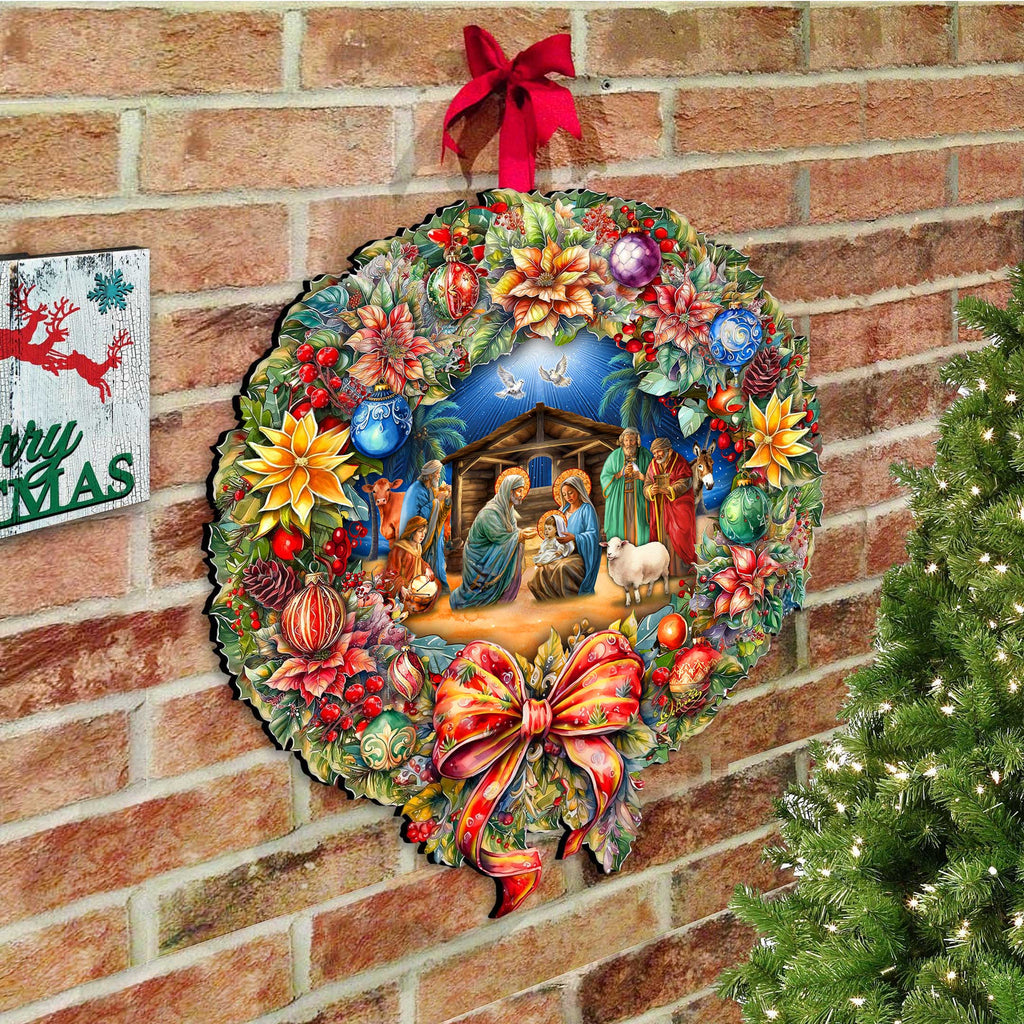 Nativity Wreath Outdoor Indoor Decor Wooden Christmas Decoration by G. Debrekht - Christmas Decor - 8652805F