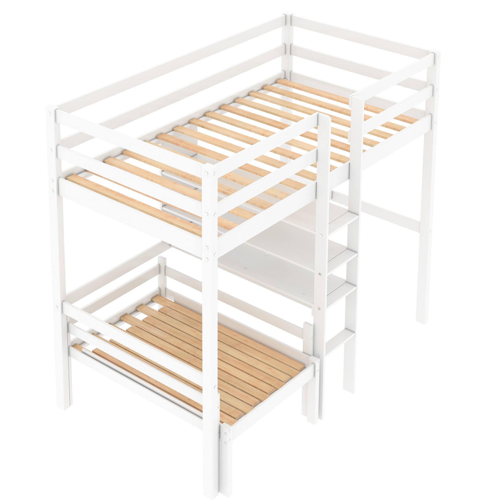 Convertible Loft Bed with L-Shape Desk, Twin Bunk Bed with Shelves and Ladder White