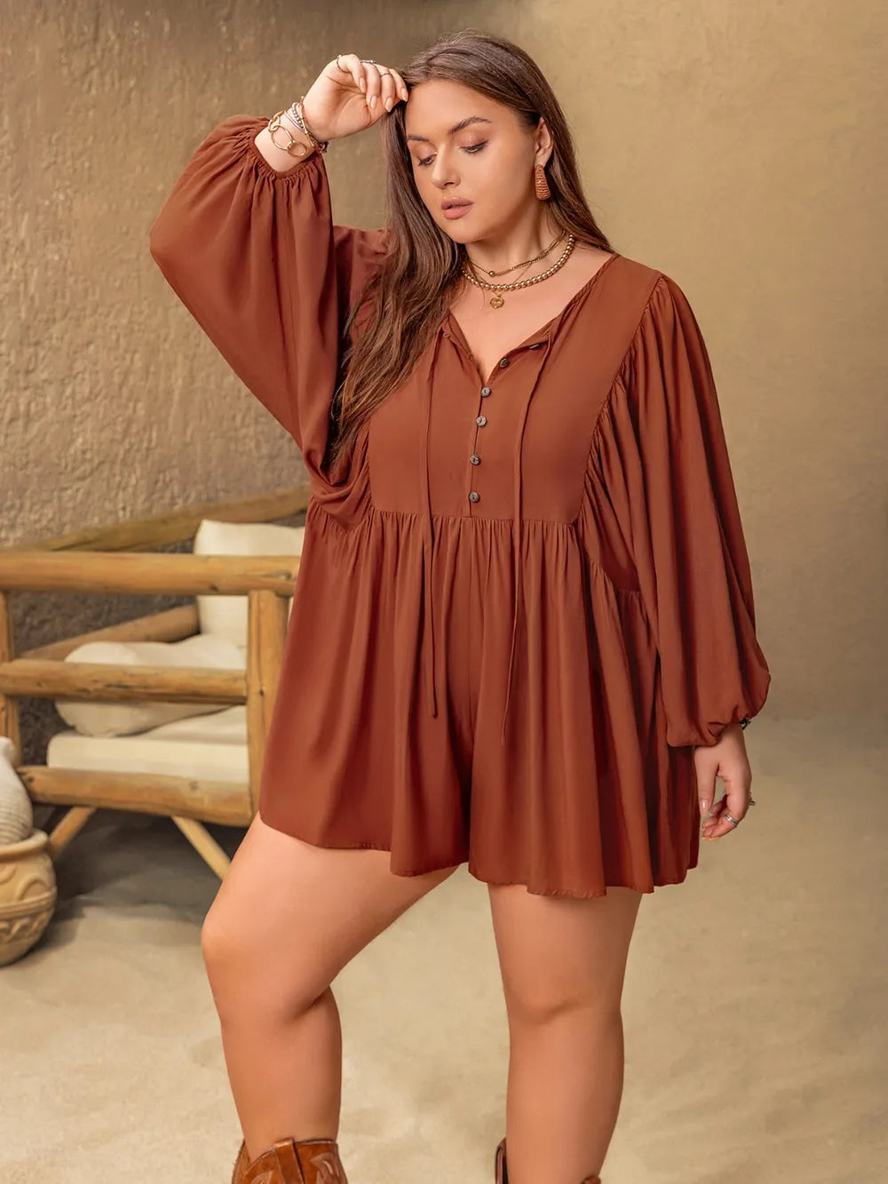 Ruched Tie Neck Balloon Sleeve Romper