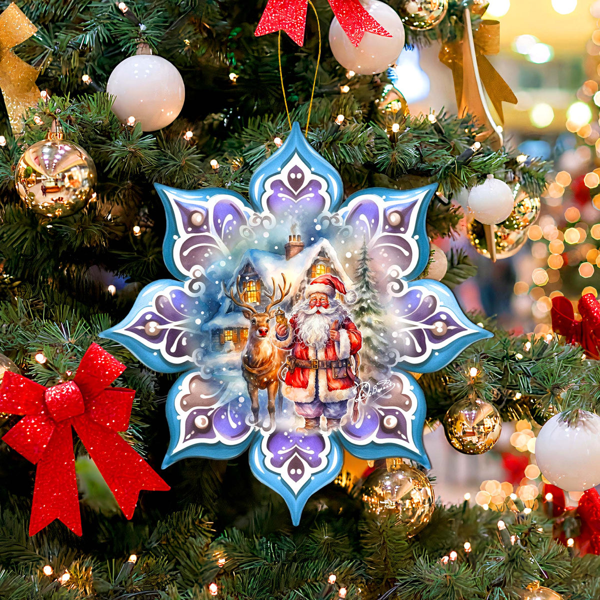 Santa with Reindeer Snowflake Large Wooden Ornament by G. Debrekht - Christmas Santa Snowman Decor - 8688405M