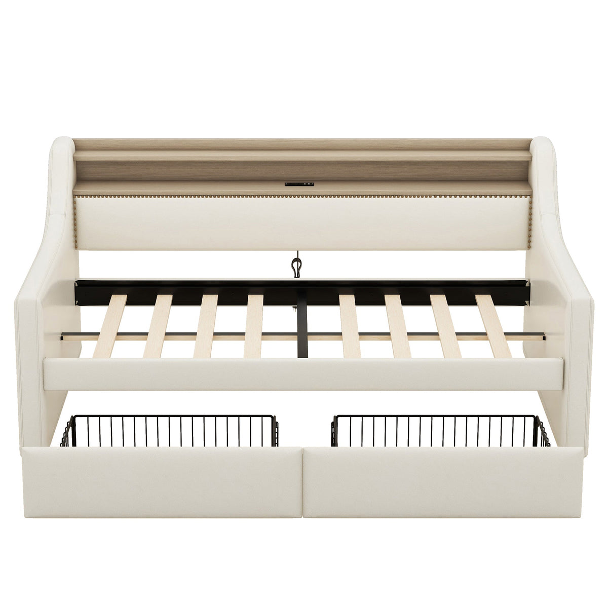 Twin Size Daybed with Storage Drawers, Upholstered Daybed with Charging Station and LED Lights, Beige