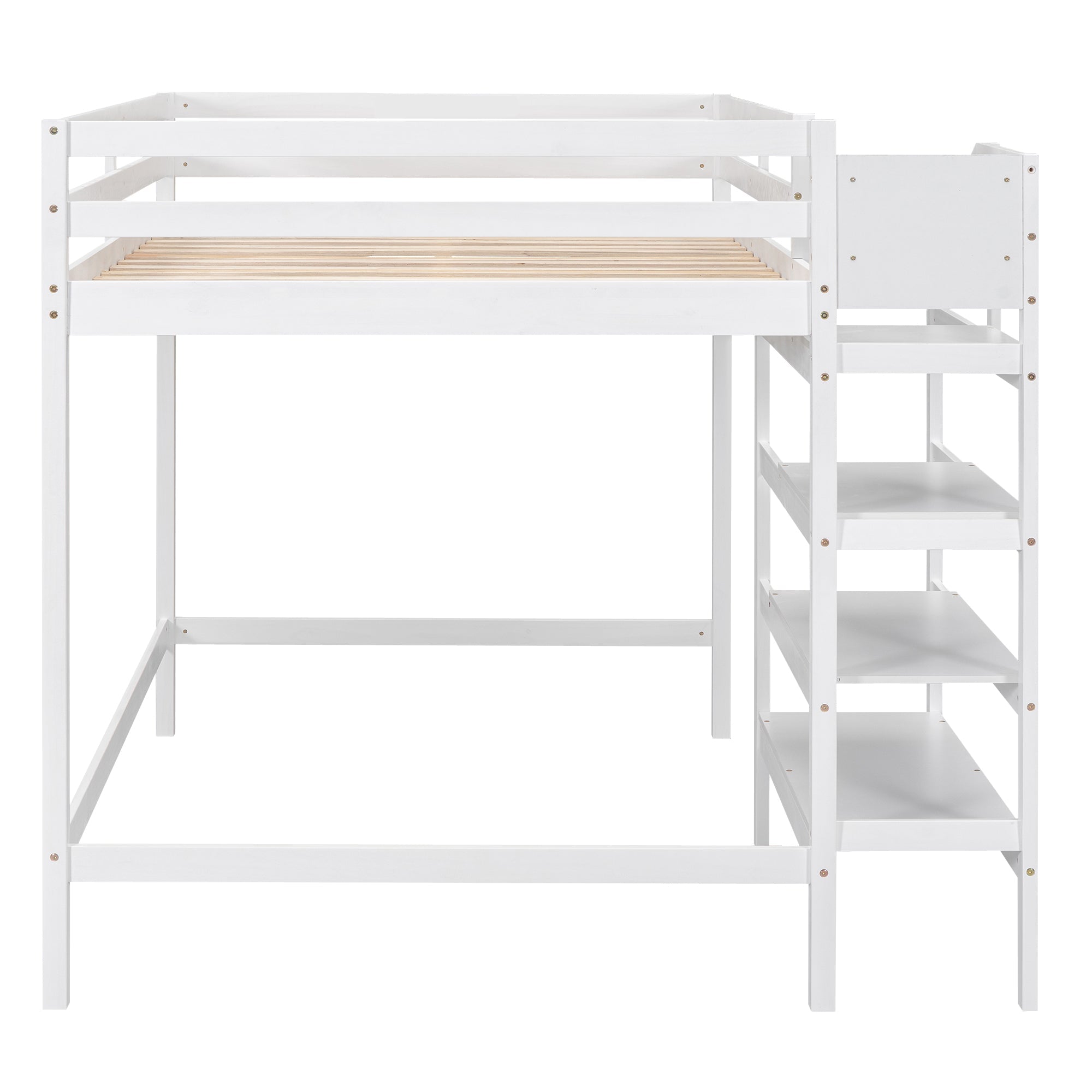 Full Size Loft Bed with Built-in Storage Staircase and Hanger for Clothes  White
