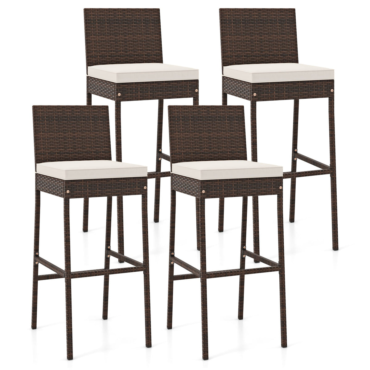 2 Pieces Patio Cushioned Wicker Barstools with Cozy Footrest