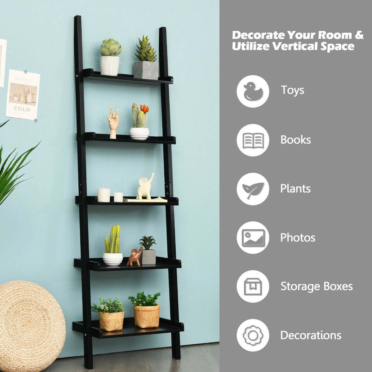 5-Tier Wall-leaning Ladder Shelf Display Rack for Plants and Books