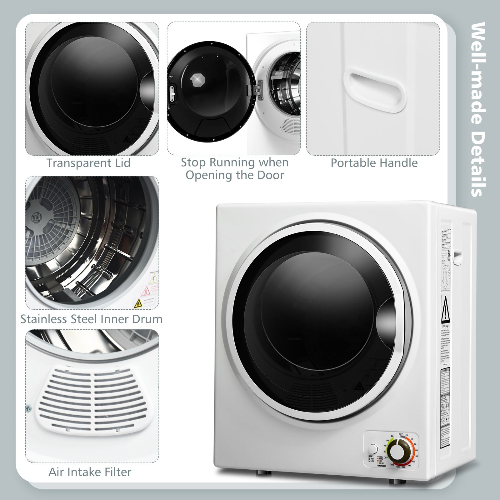 1.5 Cu .ft Clothes Dryer with with Stainless Steel Wall Mount