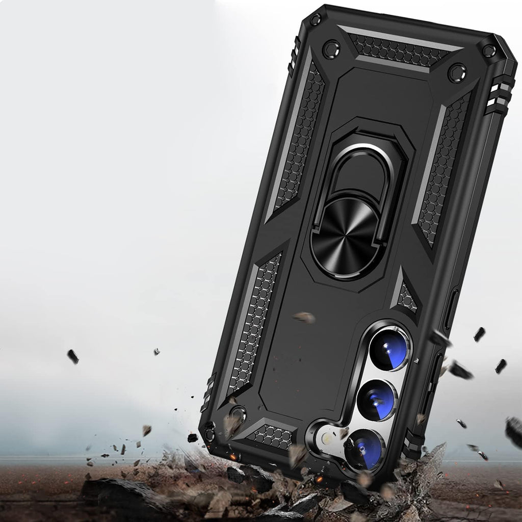 Bundle: Black Military Kickstand Series with Belt Clip Case with Tempered Glass Screen and Camera Protector - Samsung Galaxy S23