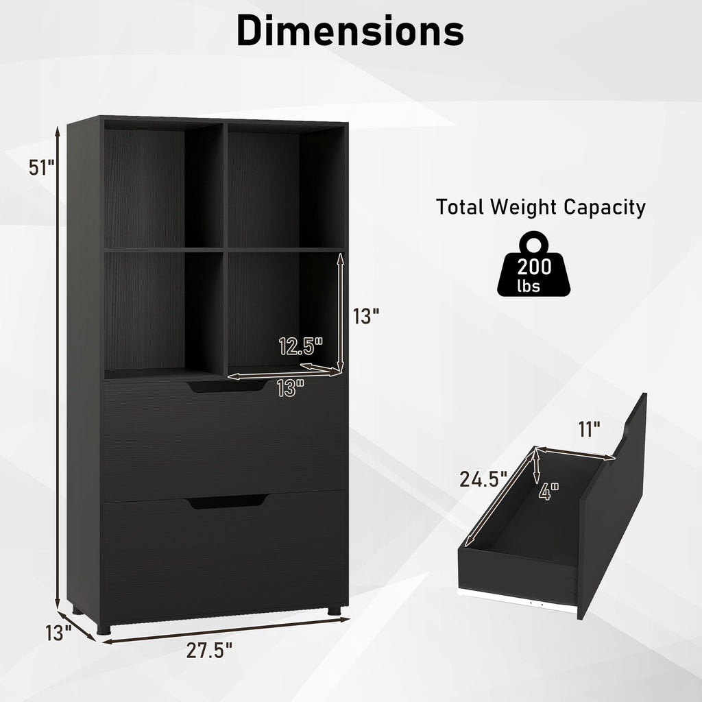 4-Cube Bookcase with 2 Drawers 51 inch 5-Tier Tall Freestanding Bookshelf