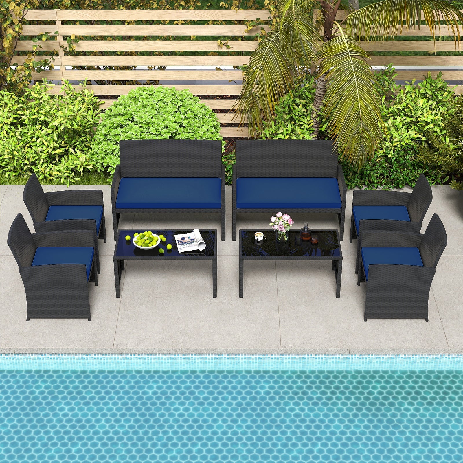 4 Pieces Patio Furniture Set with Tempered Glass Tabletop and Removable Cushion