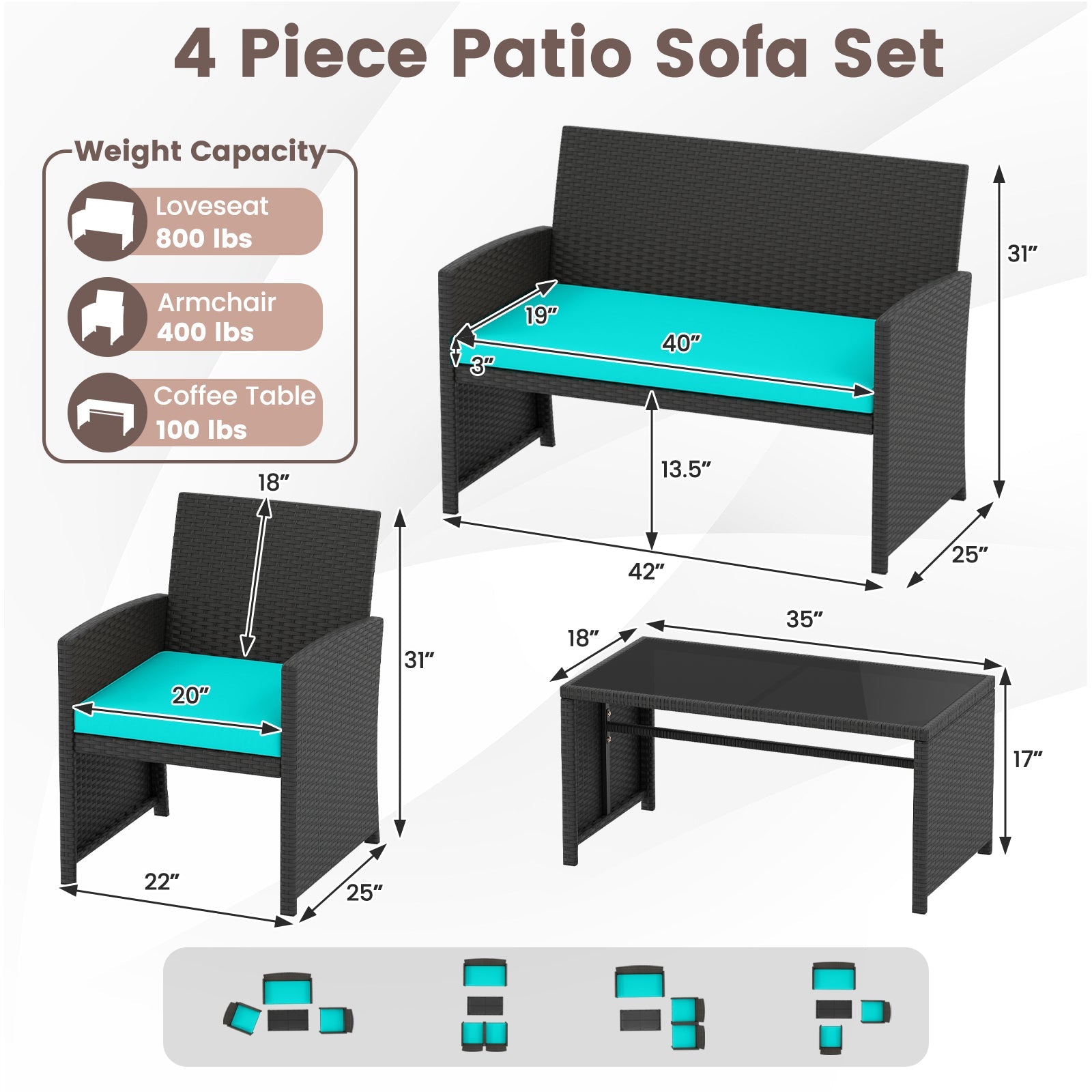 4 Pieces Patio Furniture Set with Tempered Glass Tabletop and Removable Cushion