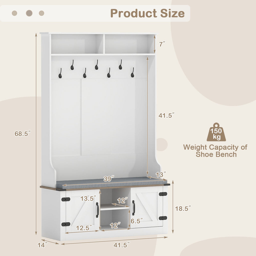 4-in-1 68.5 Inch Tall Coat Rack with Cushioned Bench and Shoe Storage-White