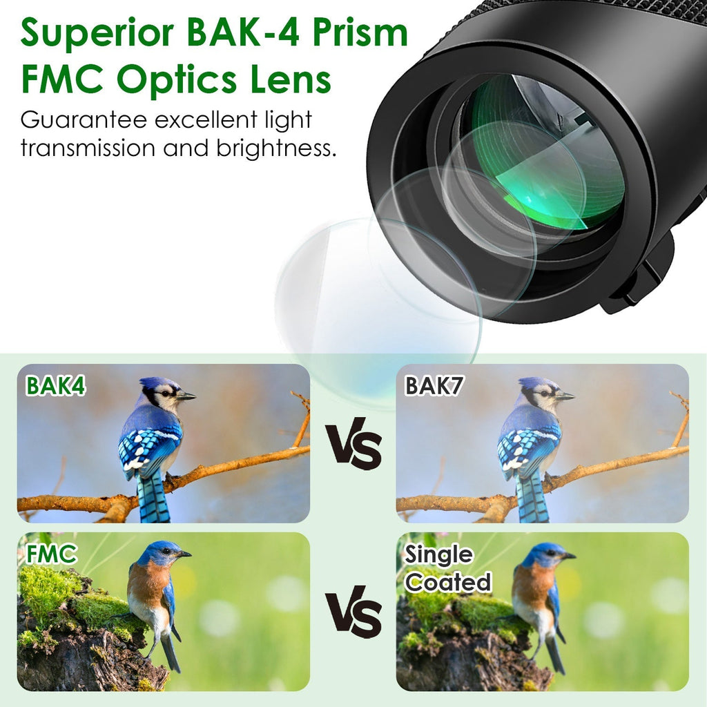 80x100 HD Monocular Telescope for Adults BAK-4 Prism High Power Monocular for Smartphone with FMC Lens Phone Adapter Tripod Case for Bird Watching Hun