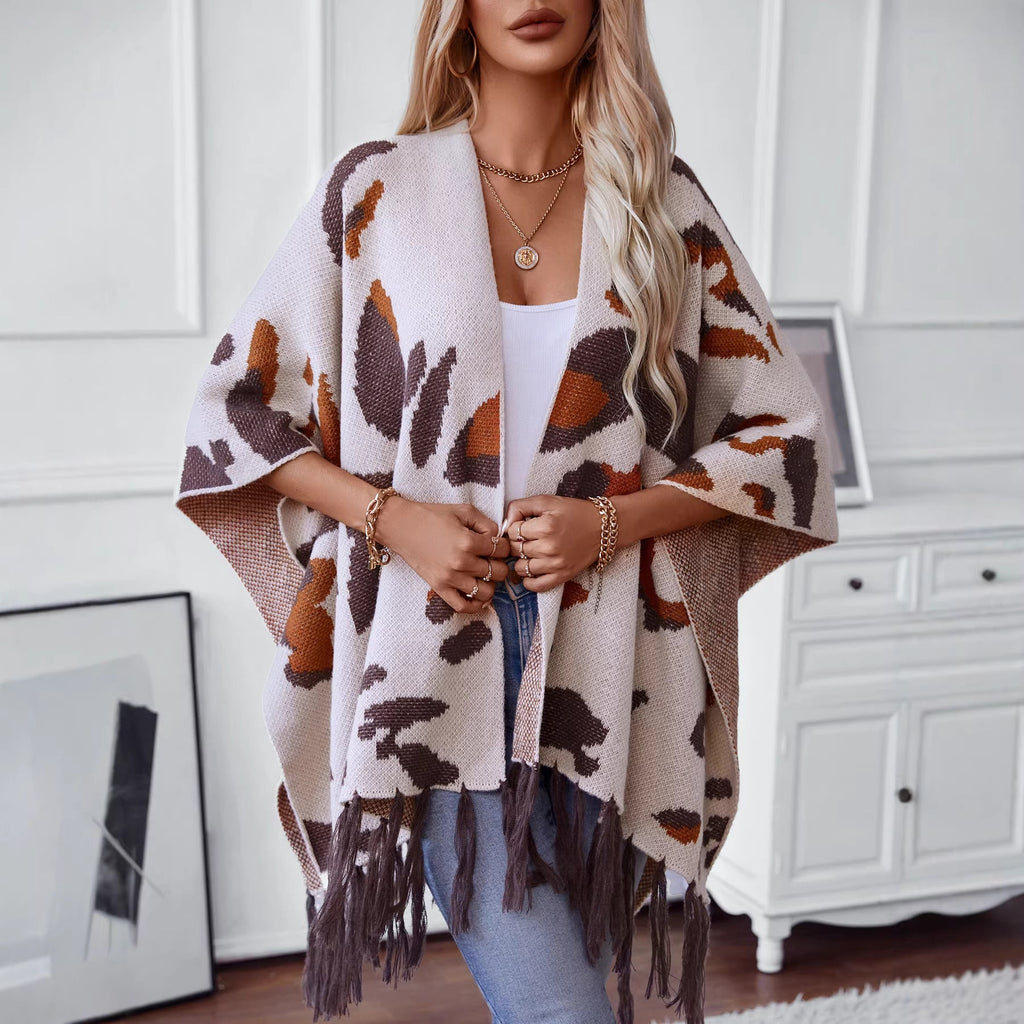 Drizzle-Color Leopard-Print Knitted Tassel CapeShoulder Wrap For Women