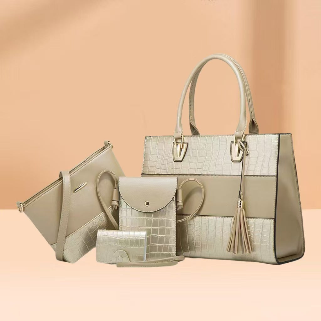 Crocodile-Embossed PU Handbag 4-Piece Set – Large Capacity Crossbody with Tassel Detail