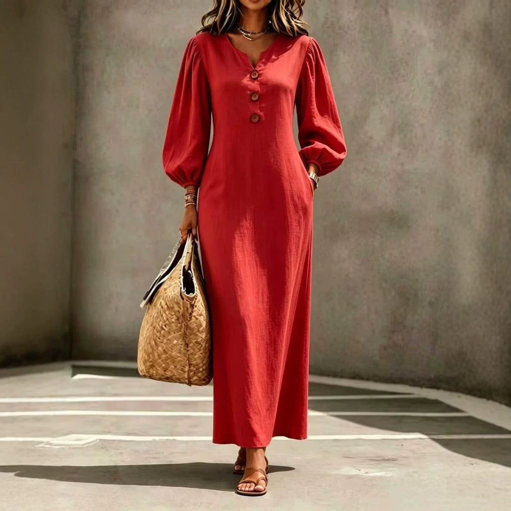 Women’s V-Neck Puff Sleeve A-Line Maxi Dress – Casual Elegant