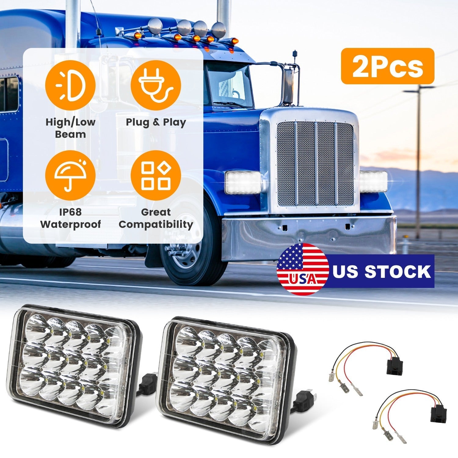 4x6in Car LED Headlights Vehicle Rectangular Headlamp with H4 Socket H4-to-3Pins Adapter with High Low Beam White Light IP68 Waterproof for 10-80V SUV