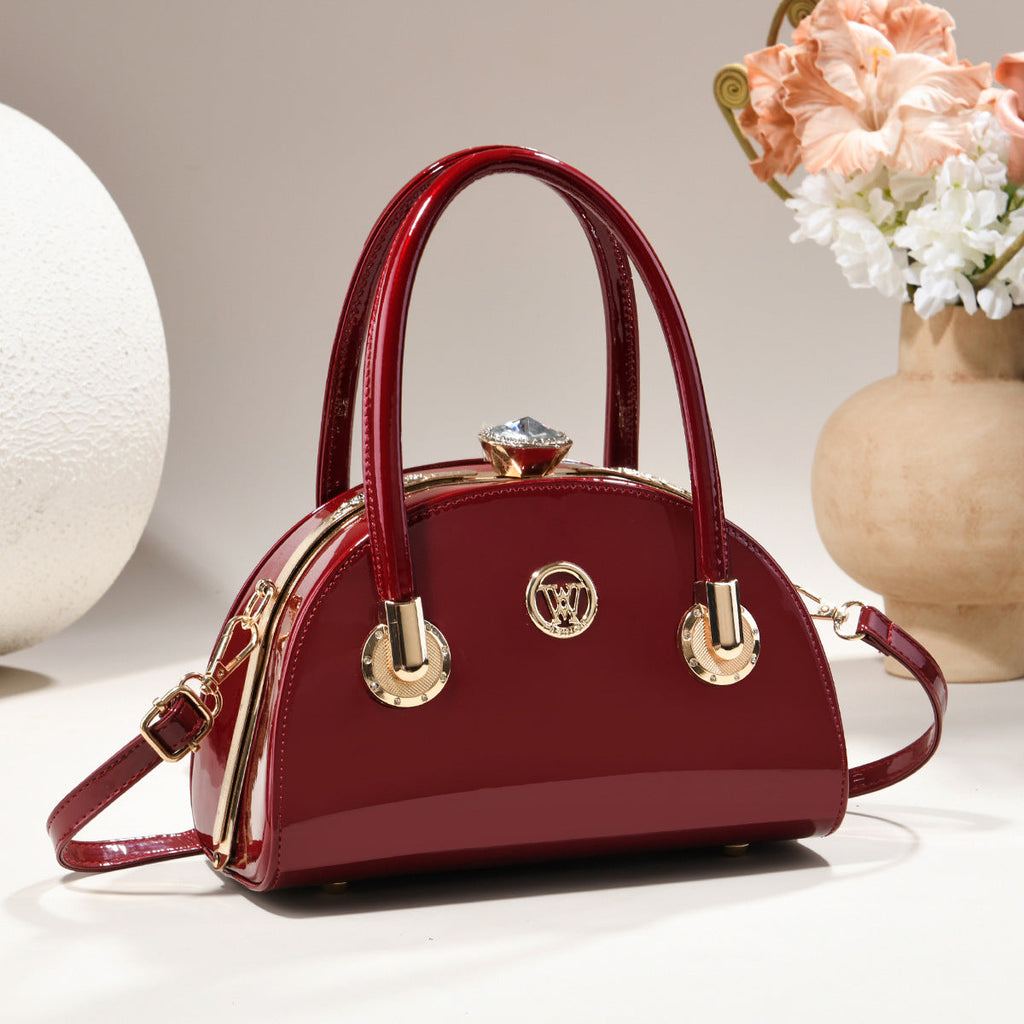 Womens Gold-trimmed Handbag Light-luxury Glossy-leather Shell Bag