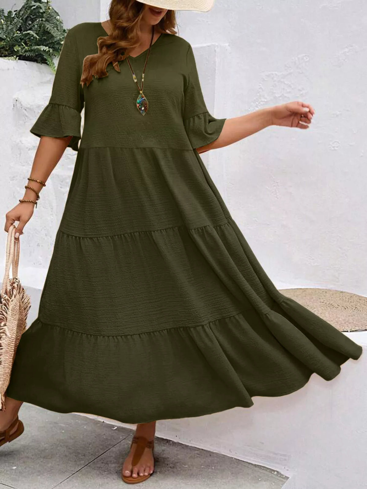 Ruffle Sleeves Tiered Midi Dress