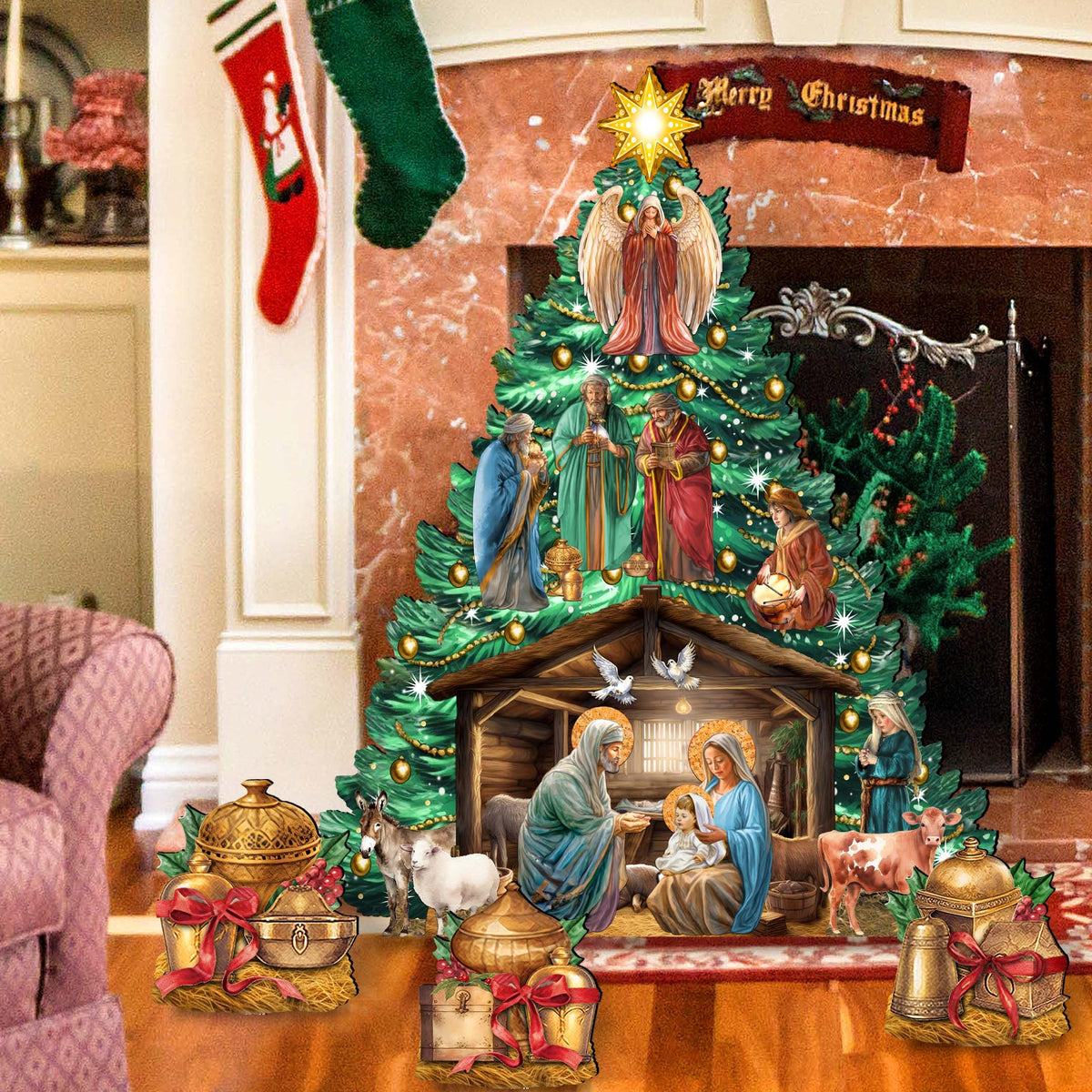Nativity-Themed Christmas Tree Set Outdoor Indoor Décor Wooden Christmas Decoration by G. Debrekht Christmas Décor - 8191503-3F-G