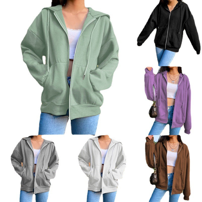 Women's Loose Zip Hooded Jacket – Casual Street Style Long Sleeve