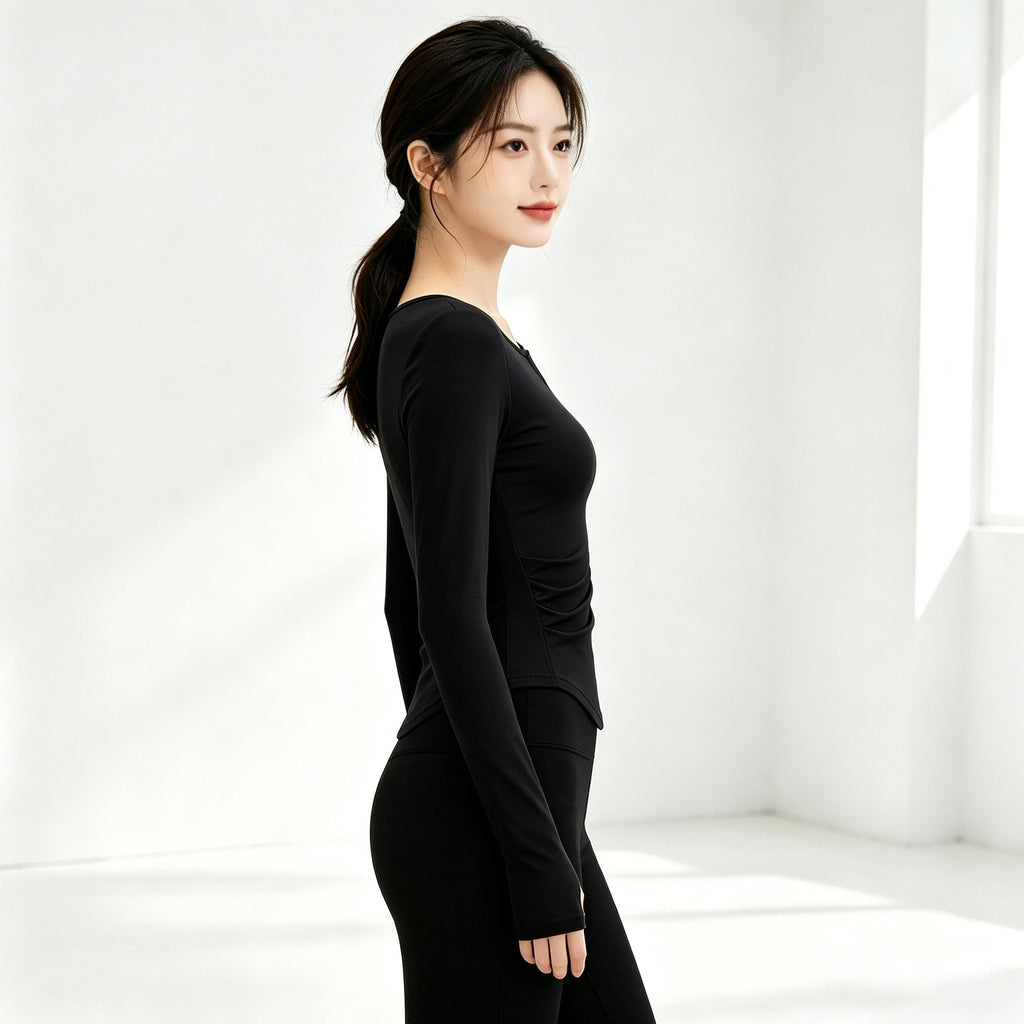 Small V-neck Pleated-waist Long-sleeve Womens Top