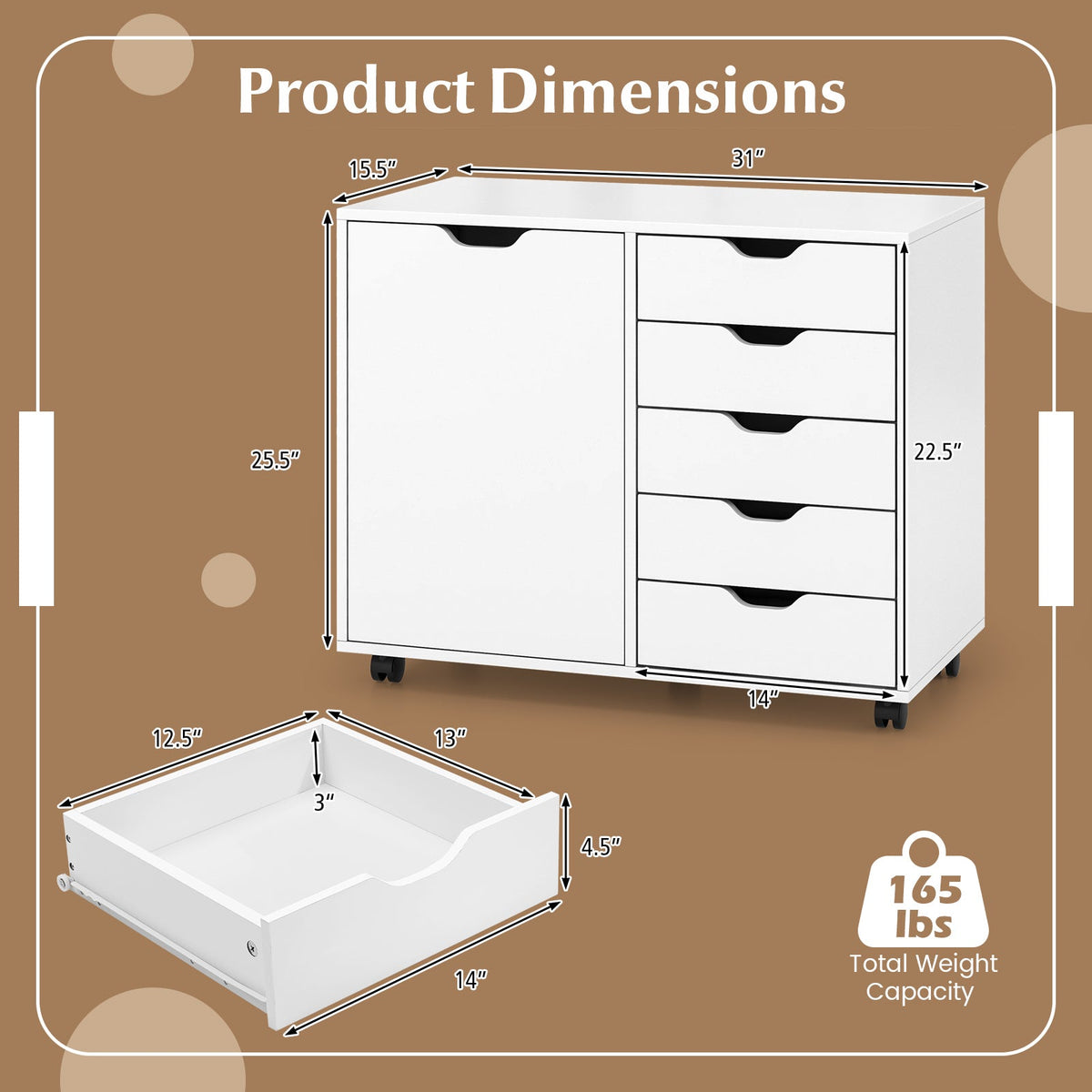 5-Drawer Dresser Chest Mobile Storage Cabinet with Door-White