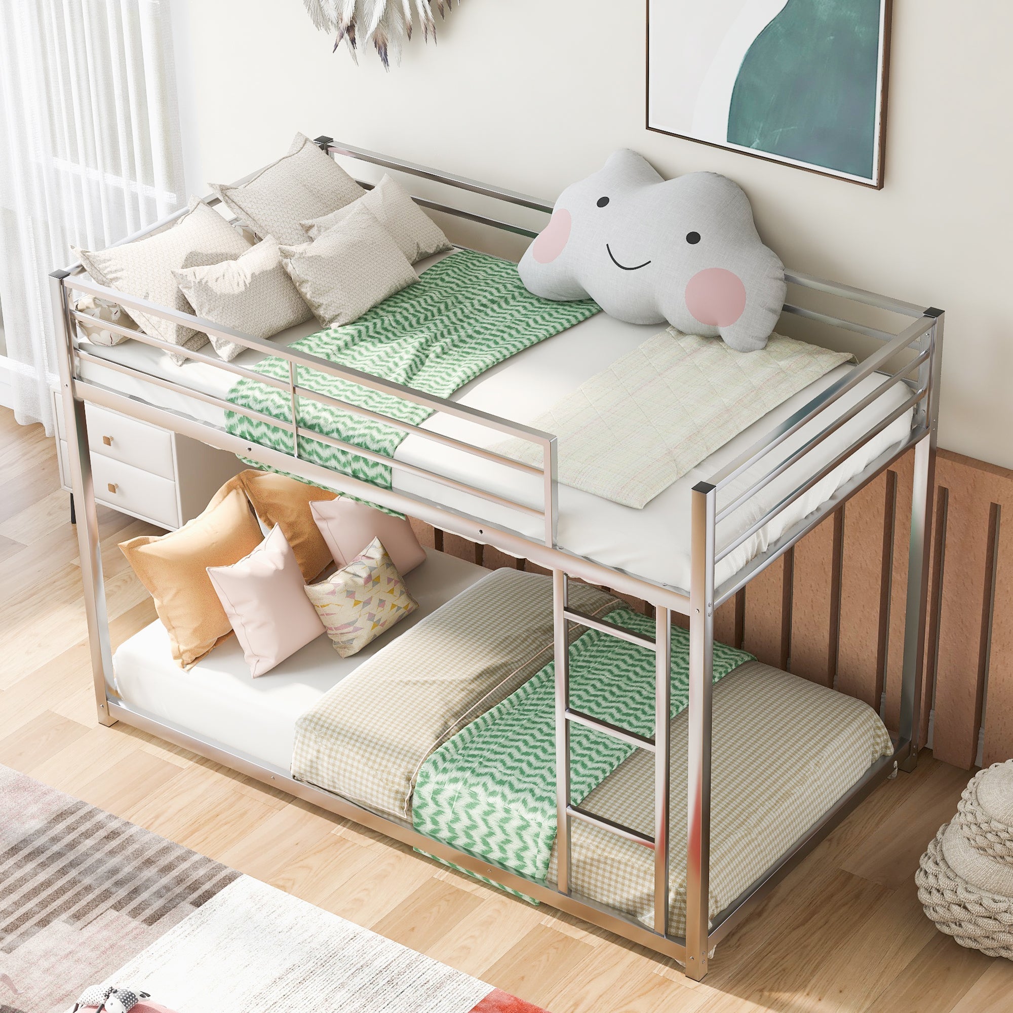 Twin over Twin Metal Bunk Bed, Low Bunk Bed with Ladder Silver