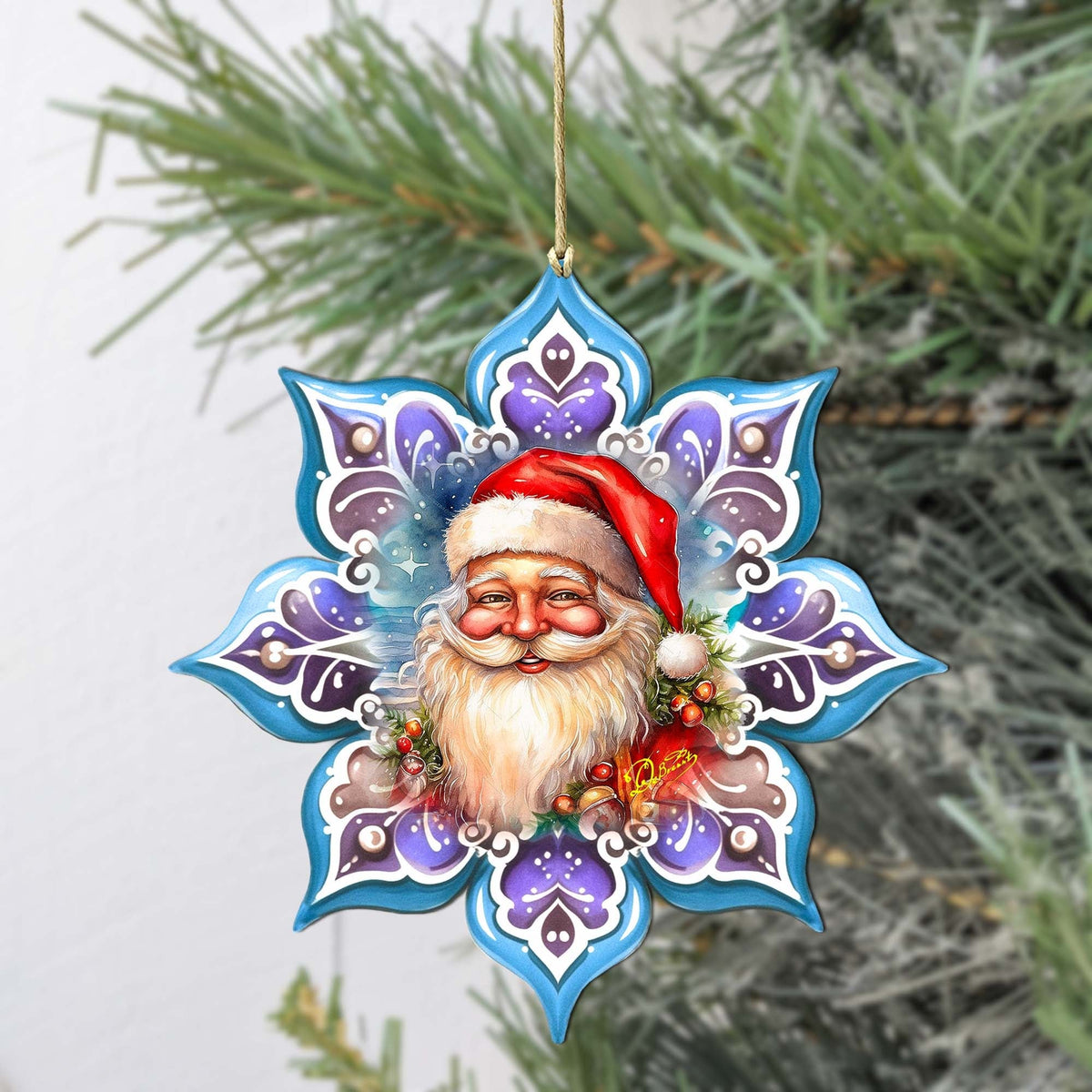 Smiling Santa Snowflake Large Wooden Ornament by G. Debrekht - Christmas Santa Snowman Decor - 8688423M