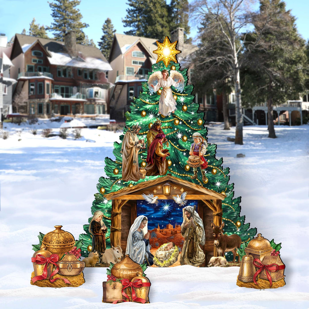 Nativity-Themed Christmas Tree Set Outdoor Indoor Decor Wooden Christmas Decoration by D. Gelsinger Christmas Decor - 8191503F-DG-G