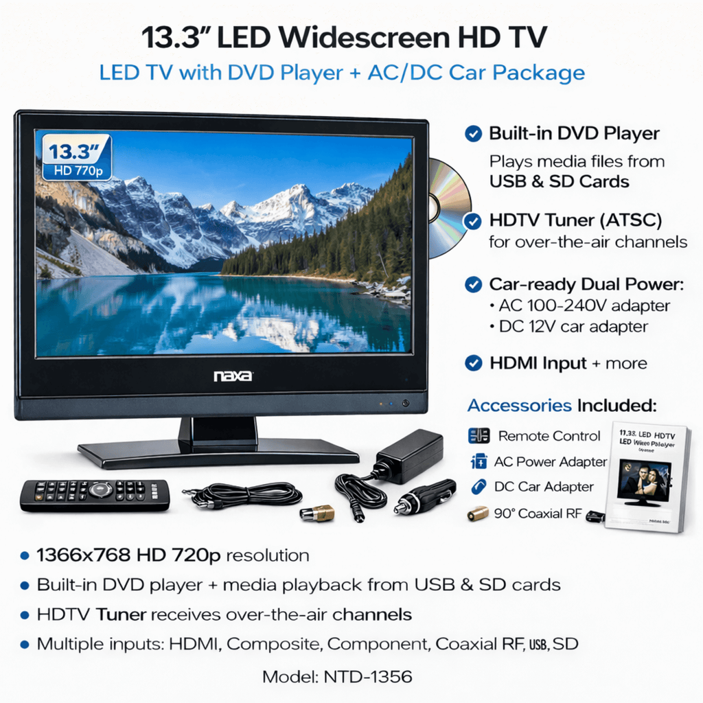 Naxa 13.3" 12V ACDC LED HDTV with DVD and Media Player - Refurbished