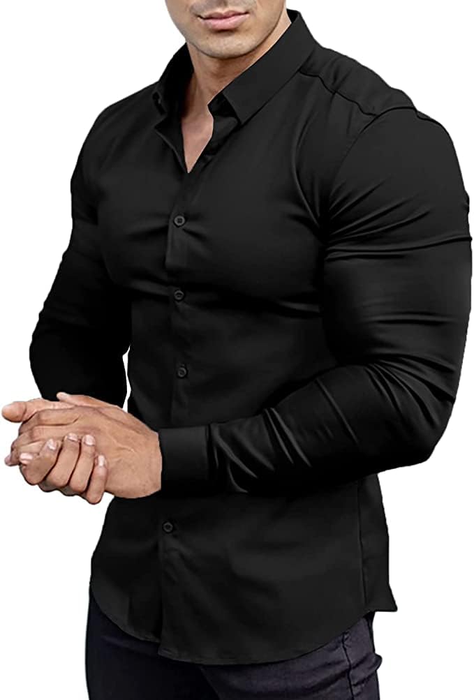 Men’s Muscle Fit Dress Shirts Athletic Slim Fit Long Sleeve Stretch Casual Button Down Shirt