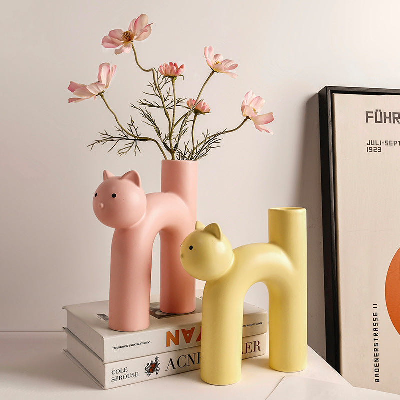 Cute Cat Ceramic Vase — Glazed, 3 Colors, Home Decor