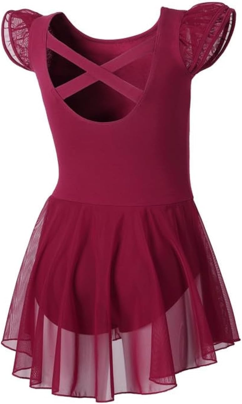 DIPUG Ballet Leotards for Girls Ballet Leotard with Skirt Toddler Dance Leotards Flutter Sleeve and Criss-Cross Back