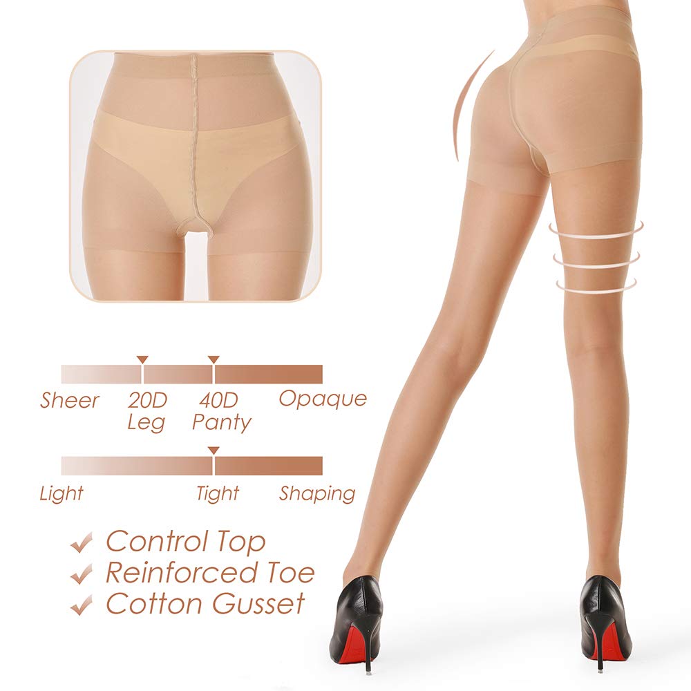 G&Y 3 Pairs Women's Sheer Tights - 20D Control Top Pantyhose with Reinforced Toes