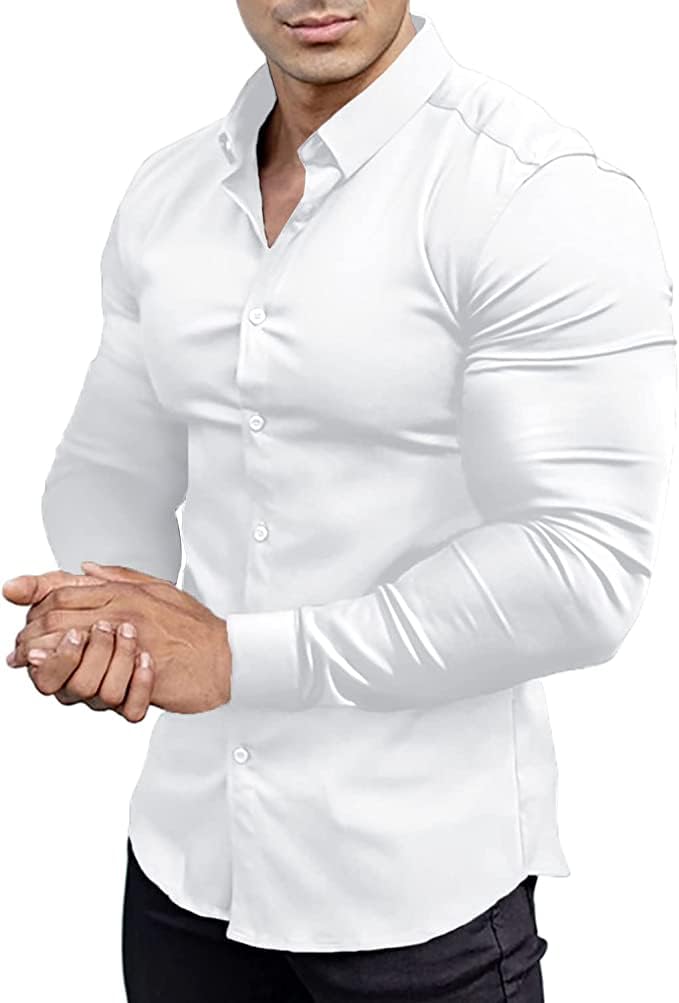 Men’s Muscle Fit Dress Shirts Athletic Slim Fit Long Sleeve Stretch Casual Button Down Shirt