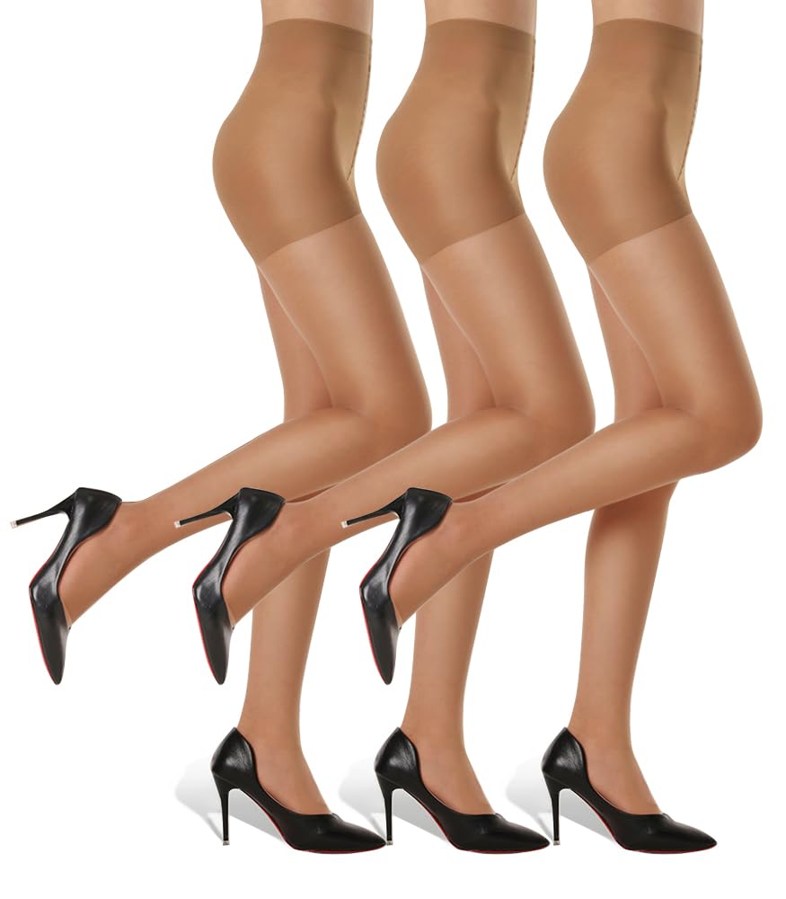 G&Y 3 Pairs Women's Sheer Tights - 20D Control Top Pantyhose with Reinforced Toes