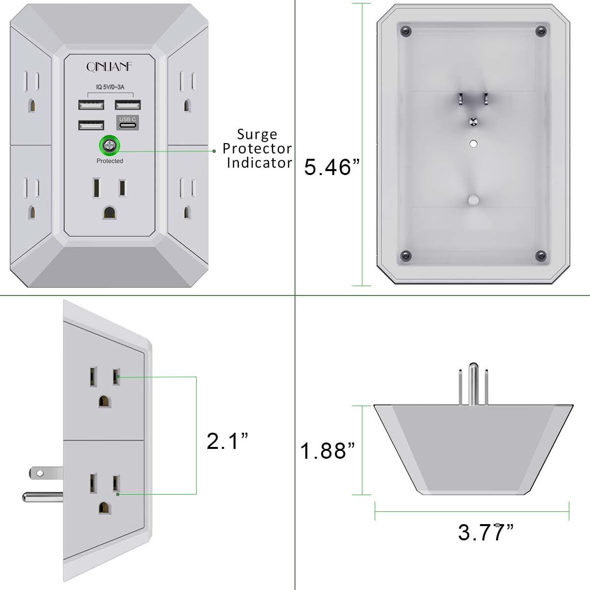 Wall Charger, Surge Protector, QINLIANF 5 Outlet Extender with 4 USB Ports