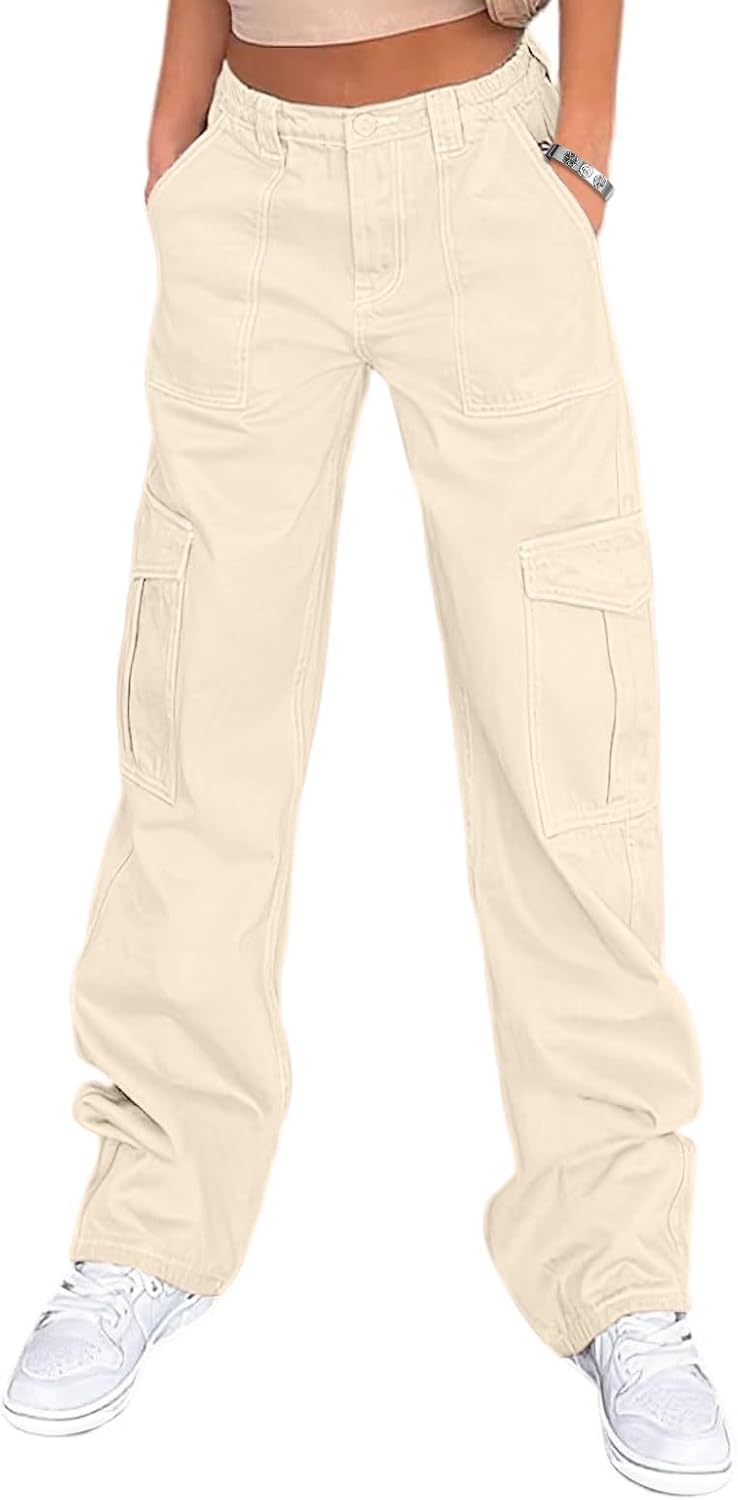 Lepunuo Cargo Pants for Women High Waisted Casual Pants Baggy Stretchy Wide Leg Y2K Streetwear with 6 Pockets