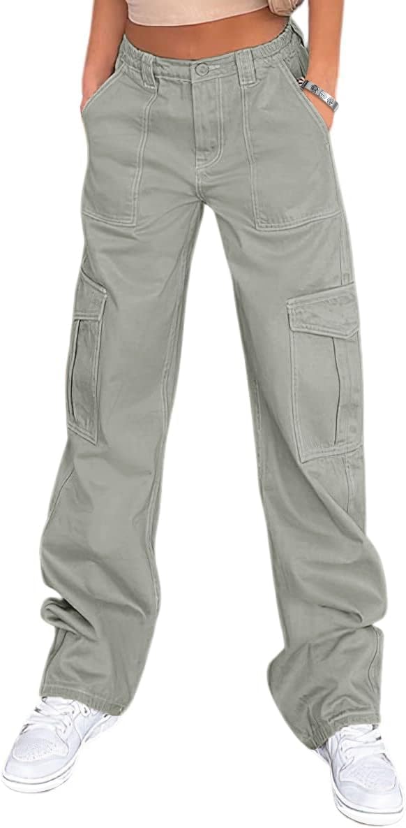 Lepunuo Cargo Pants for Women High Waisted Casual Pants Baggy Stretchy Wide Leg Y2K Streetwear with 6 Pockets
