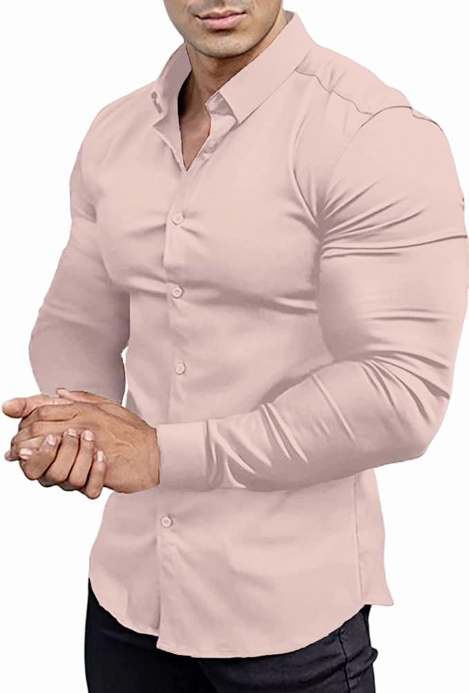 Men’s Muscle Fit Dress Shirts Athletic Slim Fit Long Sleeve Stretch Casual Button Down Shirt