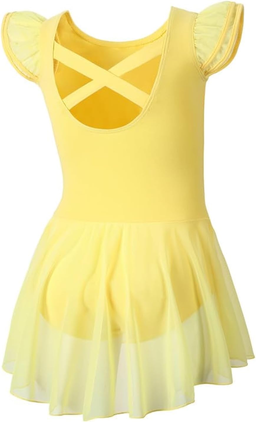 DIPUG Ballet Leotards for Girls Ballet Leotard with Skirt Toddler Dance Leotards Flutter Sleeve and Criss-Cross Back